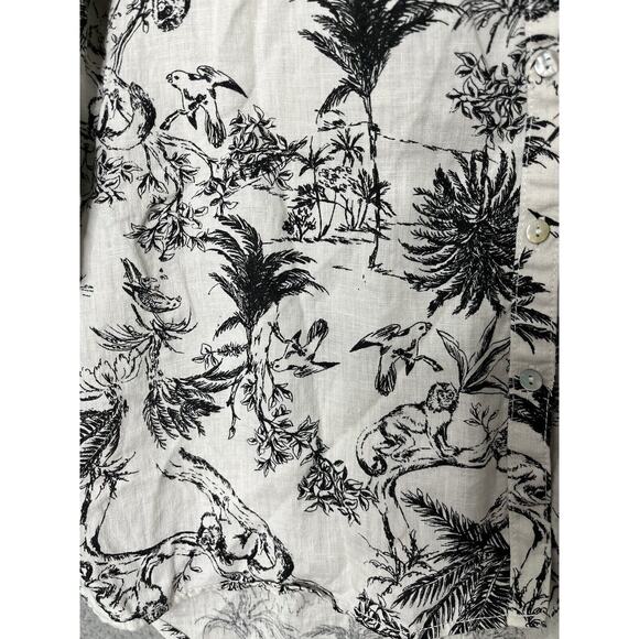 Joie Button Top Medium Linen Floral Animals Long Sleeve Roll Tab White Beach - Picture 9 of 14